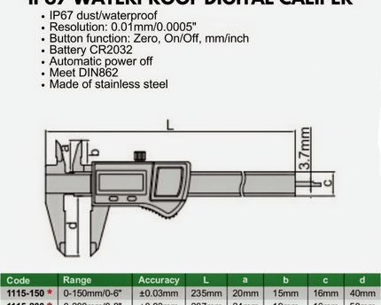 INSIZE Measuring Equipment Insize IP67 Waterproof Digital Caliper 0–200 mm / 0–8″ Series 1115-200