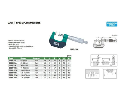 INSIZE MEASURING EQUIPMENT Insize Jaw Type Micrometer 0-25mm Range Series 3283-25A