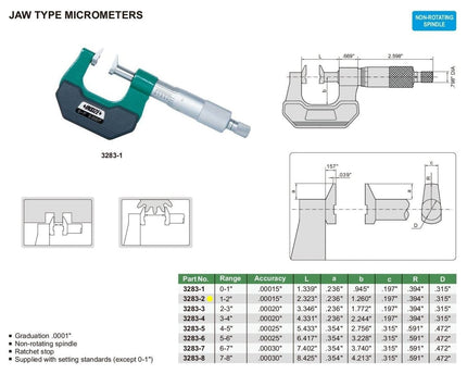 INSIZE Measuring Equipment Insize Jaw Type Micrometer 1-2" Range Series 3283-2