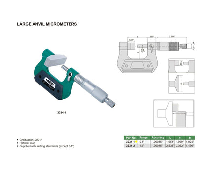 INSIZE Measuring Equipment Insize Large Anvil Micrometer 0-1" Range Series 3234-1