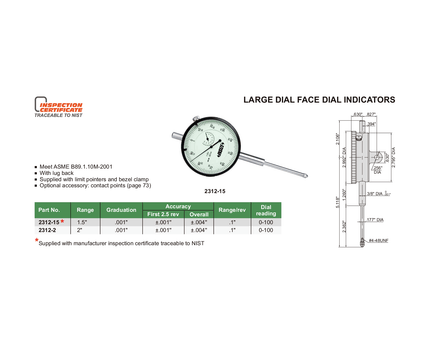 INSIZE Measuring Equipment Insize Large Face Dial Indicator Range Series 2312-2