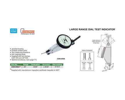 INSIZE Measuring Equipment Insize Large Range Dial Test Indicator 0-0.06" x 0.0005" Range Series 2386-006A