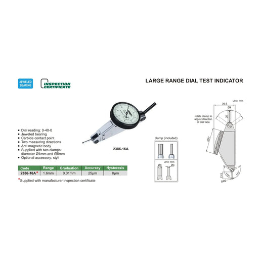 INSIZE MEASURING EQUIPMENT Insize Large Range Dial Test Indicator Range Series 2386-16A