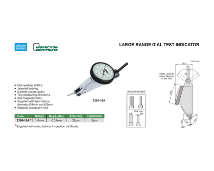 INSIZE MEASURING EQUIPMENT Insize Large Range Dial Test Indicator Range Series 2386-16A
