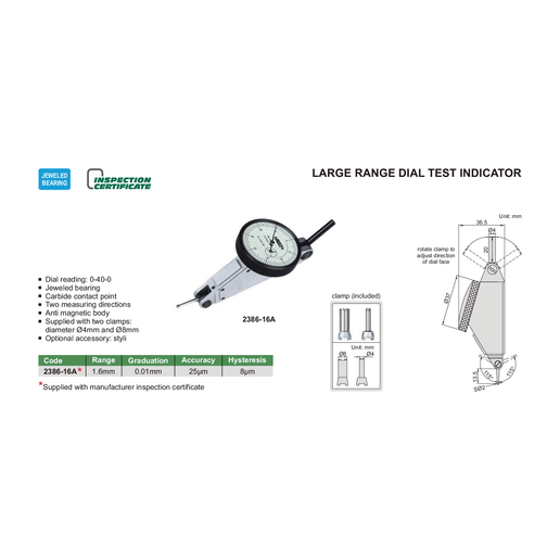 INSIZE MEASURING EQUIPMENT Insize Large Range Dial Test Indicator Range Series 2386-16A