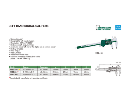 INSIZE Measuring Equipment Insize Left Hand Digital Caliper 0-150mm/0-6" Range Series 1130-150