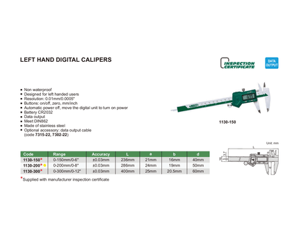 INSIZE Measuring Equipment Insize Left Hand Digital Caliper 0-200mm/0-8" Range Series 1130-200
