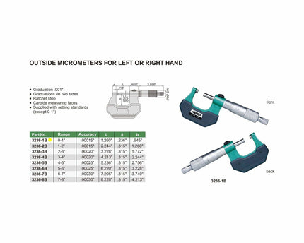 INSIZE Measuring Equipment Insize Left Hand/Right Hand Outside Micrometer 0-1" Range Series 3236-1B