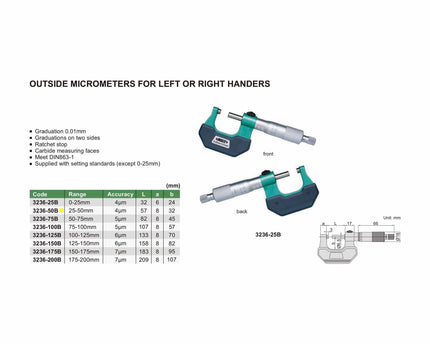 INSIZE Measuring Equipment Insize Left Hand/Right Hand Outside Micrometer 25-50mm Range Series 3236-50B