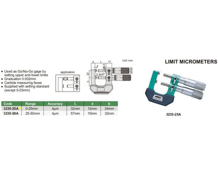 INSIZE Measuring Equipment Insize Limit Micrometer 0-25mm Range Series 3235-25A