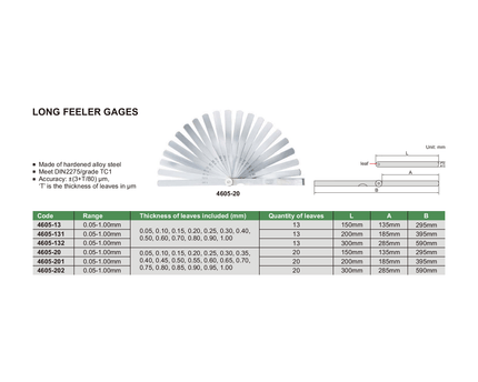 INSIZE Measuring Equipment Insize Long Feeler Gage 0.05 - 1.00 mm Series 4605-132