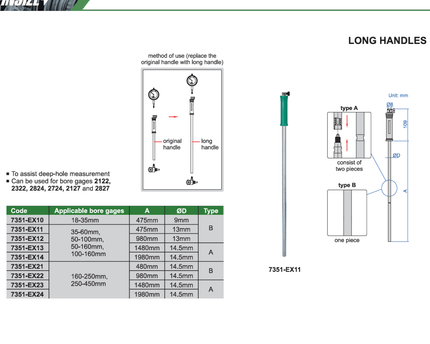INSIZE Measuring Equipment Insize Long Handle 1480mm × 14.5mm Series 7351-EX23