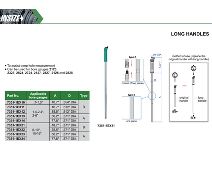 INSIZE Measuring Equipment Insize Long Handle 38.5″ × 0.512″ Series 7351-1EX12