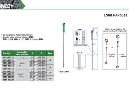 INSIZE Measuring Equipment Insize Long Handle 77.8″ × 0.571″ Series 7351-1EX14