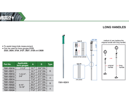 INSIZE Measuring Equipment Insize Long Handle 77.8″ × 0.571″ Series 7351-1EX24