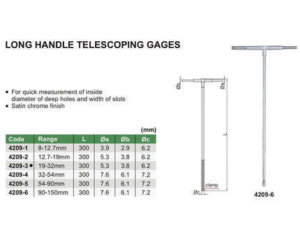 INSIZE Measuring Equipment Insize Long Handle Telescopic Gauge 19-32mm Range Series 4209-3