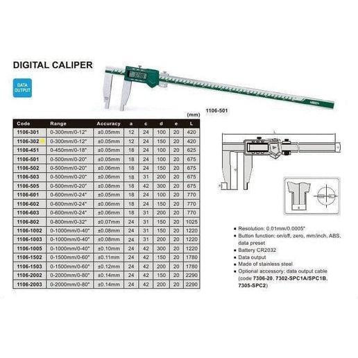 INSIZE Measuring Equipment Insize Long Jaw Digital Caliper  0-300mm / 0-12" Range Series 1106-302