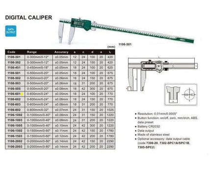 INSIZE Measuring Equipment Insize Long Jaw Digital Caliper  0- 500mm / 0-20" Range Series 1106-501