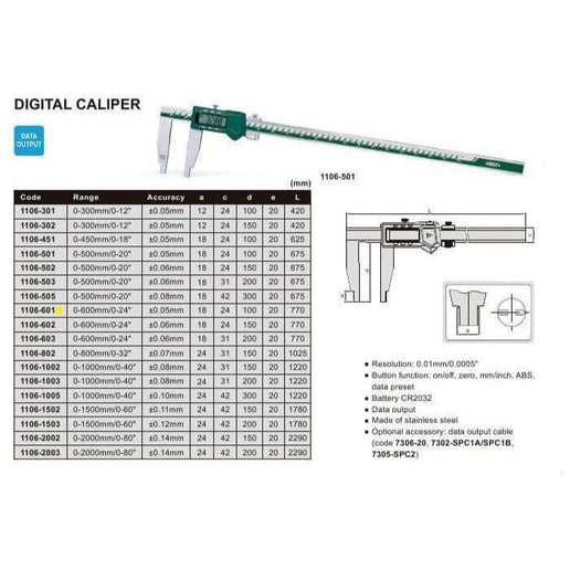 INSIZE Measuring Equipment Insize Long Jaw Digital Caliper  0- 500mm / 0-20" Range Series 1106-501
