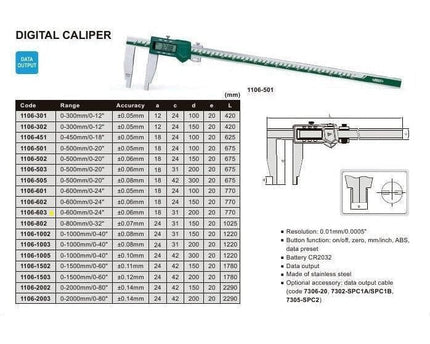 INSIZE Measuring Equipment Insize Long Jaw Digital Caliper  0-600mm / 0-24" Range Series 1106-603