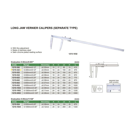 INSIZE Measuring Equipment Insize Long Jaw Vernier Caliper 0-300mm/0-12" Range Series 1215-322
