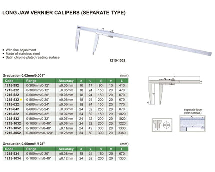INSIZE Measuring Equipment Insize Long Jaw Vernier Caliper 0-500mm/0-20" Range Series 1215-532