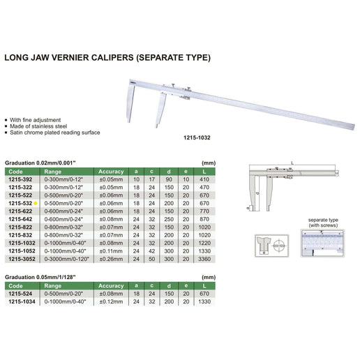 INSIZE Measuring Equipment Insize Long Jaw Vernier Caliper 0-500mm/0-20" Range Series 1215-532