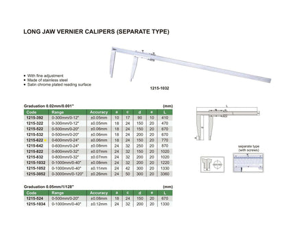 INSIZE Measuring Equipment Insize Long Jaw Vernier Caliper 0-600mm/0-24" Range Series 1215-622