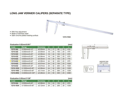 INSIZE Measuring Equipment Insize Long Jaw Vernier Caliper 0-600mm/0-24" Range Series 1215-642