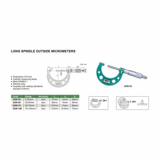 INSIZE Measuring Equipment Insize Long Spindle Outside Micrometer 50-75mm Range Series 3209-75