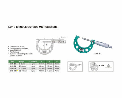 INSIZE Measuring Equipment Insize Long Spindle Outside Micrometer 75-100mm Range Series 3209-100