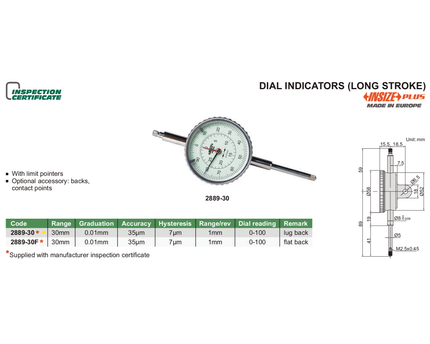 INSIZE Measuring Equipment Insize Long Stroke Dial Indicator 30mm Range Series 2889-30