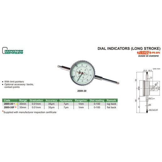 INSIZE Measuring Equipment Insize Long Stroke Dial Indicator 30mm Range Series 2889-30