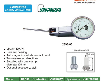 INSIZE Measuring Equipment Insize Long Styli Dial Test Indicator 0.5mm Range Series 2896-05
