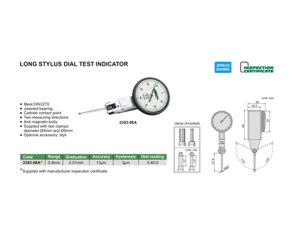 INSIZE Measuring Equipment Insize Long Stylus Dial Test Indicator 0.8mm x 0.01mm Range Series 2383-08A