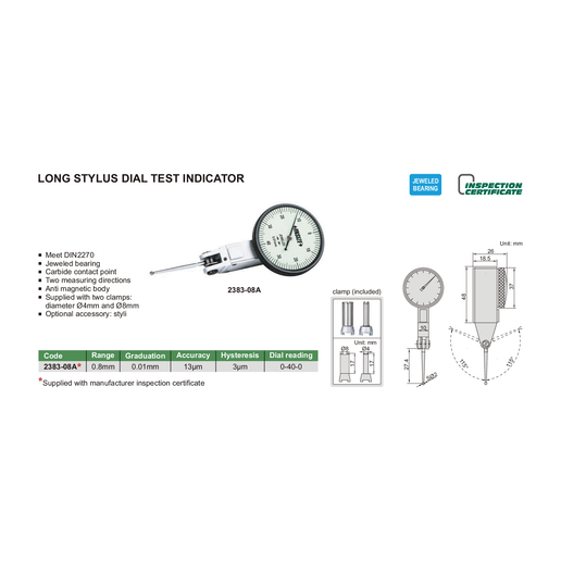 INSIZE Measuring Equipment Insize Long Stylus Dial Test Indicator 0.8mm x 0.01mm Range Series 2383-08A