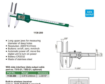 INSIZE Measuring Equipment Insize Long Upper Jaws Digital Caliper 0-8"/0-200mm Range Series 1138-200