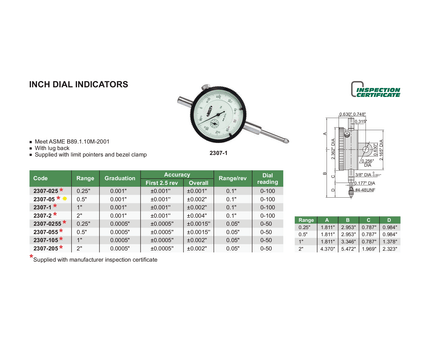 INSIZE Measuring Equipment Insize Lug Back Dial Indicator 0.5" Range Series 2307-05