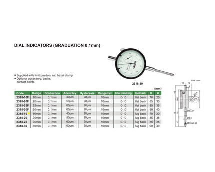 INSIZE Measuring Equipment Insize Lug Back Dial Indicator 10mm Range Series 2318-10