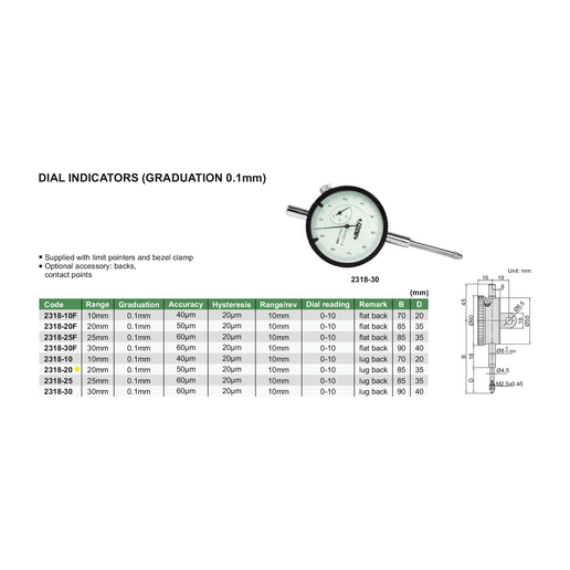 INSIZE Measuring Equipment Insize Lug Back Dial Indicator 20mm Range Series 2318-20