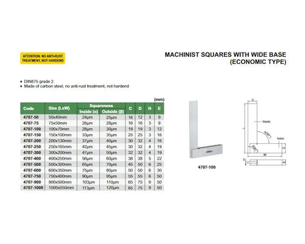 INSIZE MEASURING EQUIPMENT Insize Machinist Square with Wide Base 250 × 165mm Series 4707-250