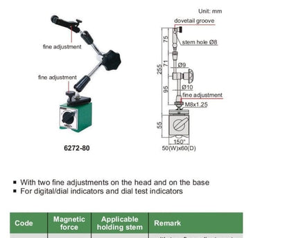 INSIZE Measuring Equipment Insize Magnetic Stand w/ Two Fine Adjustments Series 6272-80
