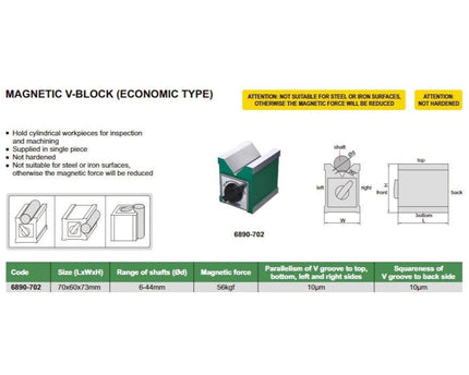 INSIZE MEASURING EQUIPMENT Insize Magnetic V-Block 70x60x73mm Series 6890-702