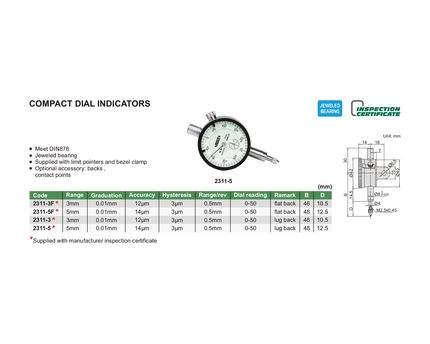 INSIZE Measuring Equipment Insize Metric Compact Dial Indicator 5mm Range Series 2311-5