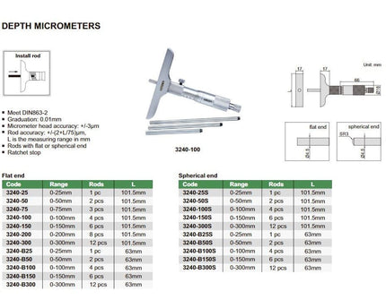 INSIZE Measuring Equipment Insize Metric Depth Micrometer 0-200mm Range Series 3240 - 200
