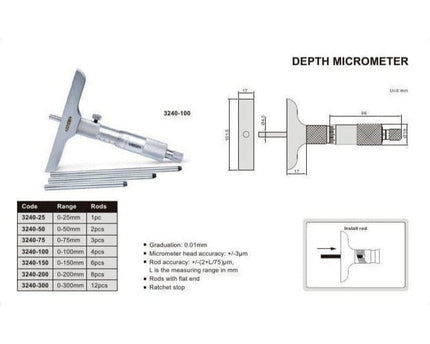 INSIZE Measuring Equipment Insize Metric Depth Micrometer 0-25MM Range Series 3240-25