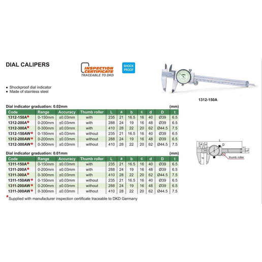INSIZE Measuring Equipment INSIZE Metric Dial Caliper  0-200mm Range Series 1311-200A