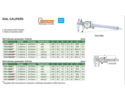 INSIZE Measuring Equipment INSIZE Metric Dial Caliper  0-300mm Range Series 1311-300A
