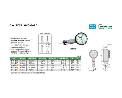 INSIZE Measuring Equipment Insize Metric Dial Indicator 0.2 mm Range Series 2380-02