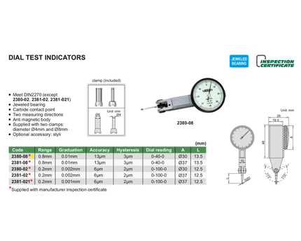 INSIZE Measuring Equipment Insize Metric Dial Indicator 0.8 mm Range Series 2380-08